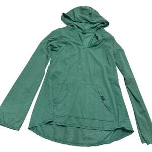 Prana long sleeve lightweight hooded light blue/green top mesh sheer cutouts Lrg